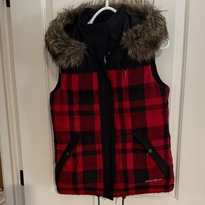 Eddie Bauer Women’s Red and Black Plaid Vest with Faux Fur Hood